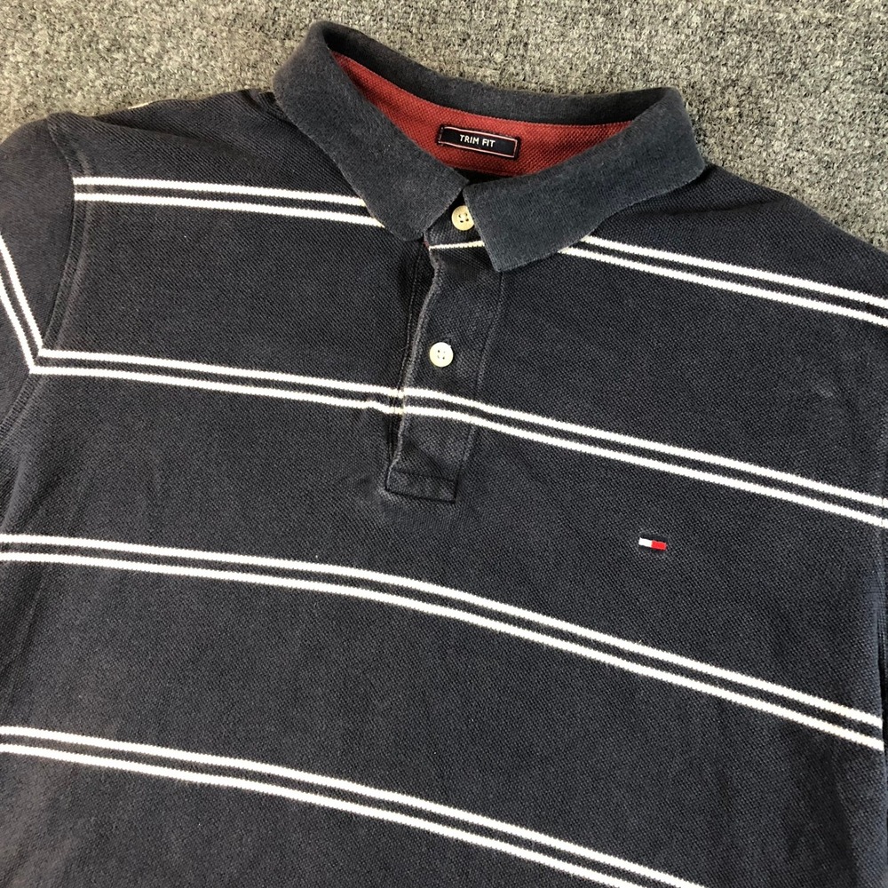 Tommy Hilfiger Trim Fit Navy White Stripe Short Sleeve Polo Shirt Men's L